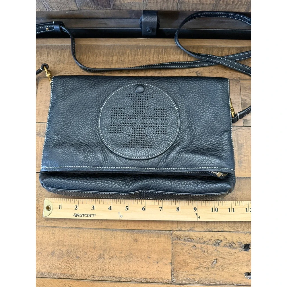 Tory Burch Leather Crossbody Bag Medium Black Pebbled Perforated Circle Logo